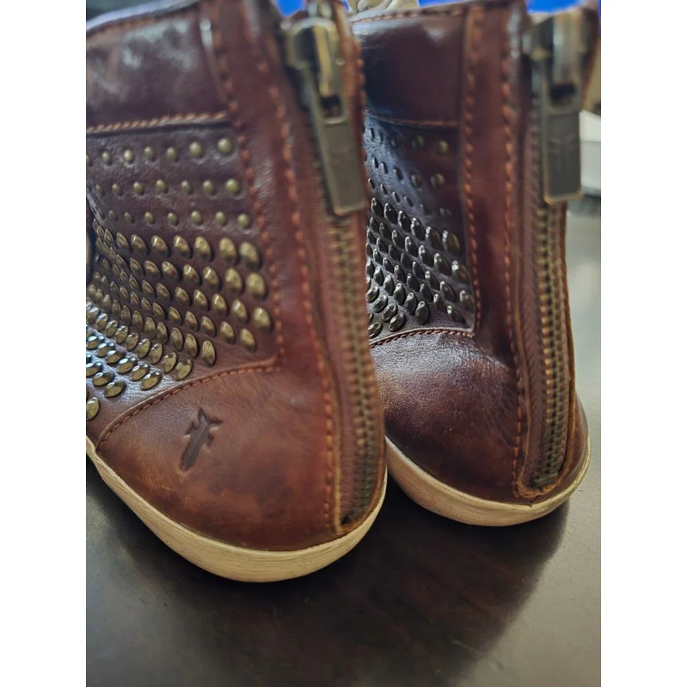 Rare Women's Frye Brown Leather Studded High Top Sneakers Size 7.5 EUC